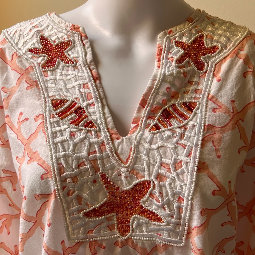 Barbar Gerwit Beaded Coral Starfish Print Tunic Size Large - Picture 3 of 8